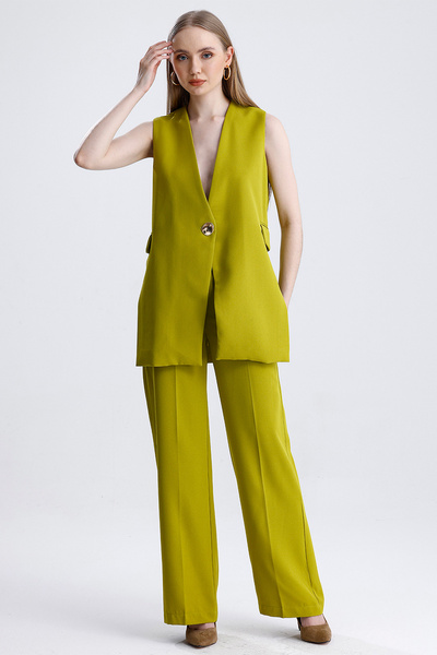 MD trend Women's Single Button Slit Detailed Lined Vest and Palazzo Pants Double Crepe Set