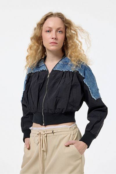 Quzu Black Bomber Jacket - Džínové detaily a střapce