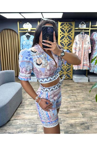 Julidress Printed Crop Shirt and Shorts Bottom Top Premium Linen Set