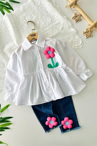Minigimin Cicileri My Little One's Cicileri Floral Patterned Jeans and Shirt Set of 2 - White