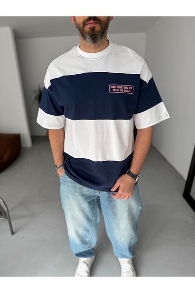 BYBASICMAN Navy Blue Striped Something Embroidered Oversize T-Shirt Jj-100