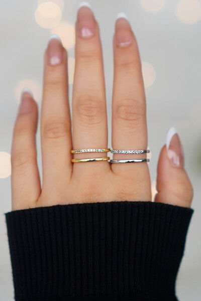 TREND COLLECTİON Classic Stone Adjustable 2 Pcs Gold-Silver Women's Ring