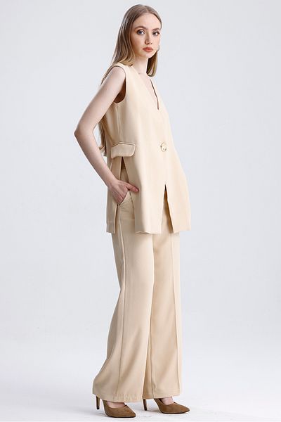 MD trend Women's Single Button Slit Detailed Lined Vest and Palazzo Pants Double Crepe Set