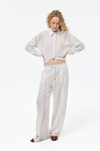 Quzu Beaded Rope Tied Textured Trousers Stone