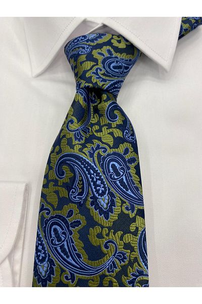 Cacharel Woven Fabric Patterned Yellow Navy Blue Tie