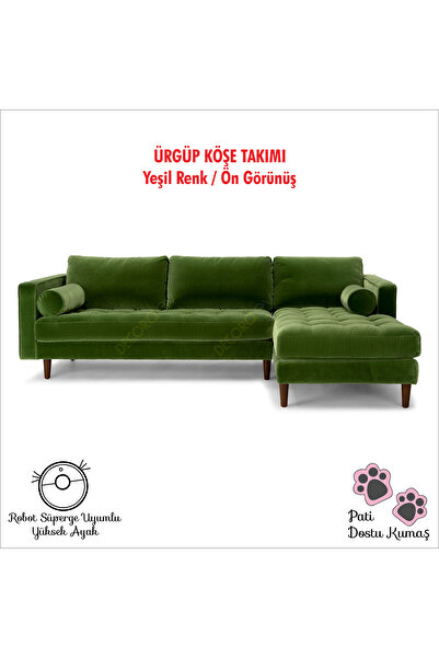 Decoraev Ürgüp Yeşil Modern Rahat Köşe Takımı Yumuşak Sünger Yüksek Ayak Baby Face Kumaş Pofuduk Sağ Köşe