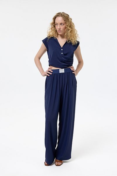 Quzu Wide Leg Pants with Label Waist Accessories Navy Blue