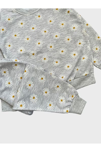ALİŞ KİDS Girl's Cotton Gray Daisy Flower Patterned Long Sleeve Seasonal Pajama Set