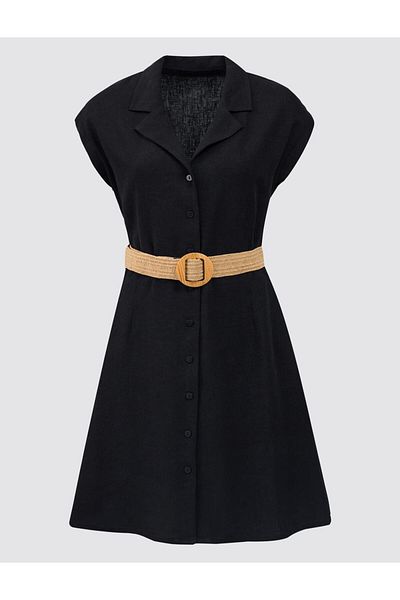 Jimmy Key Black Short Sleeve Shirt Collar Linen Mini Dress with Belt Detail