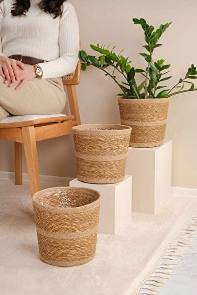 AVANTAGE HOME Martina - 3 Adet Dekoratif İç Korumalı Doğal El Örmesi Hasır Saksı Sepet Seti 24 cm