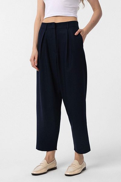 Antioch Navy Blue Pleated Soft Ankle Length Women's Trousers