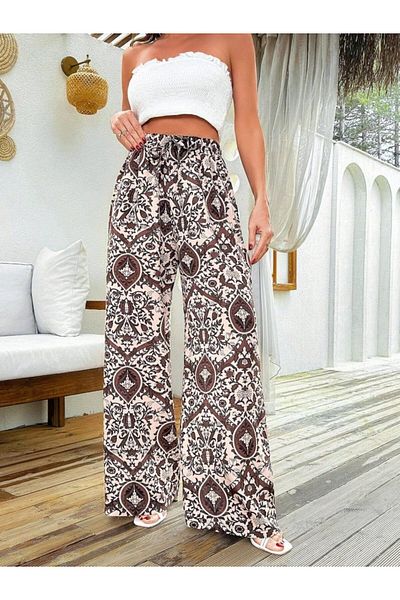 Moka Shopin Mokashopin Women's High Waist Ethnic Pattern Woven Viscose Loose Pants