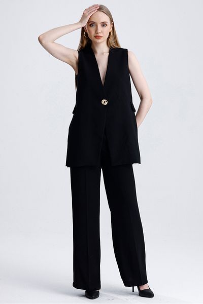 MD trend Women's Single Button Slit Detailed Lined Vest and Palazzo Pants Double Crepe Set