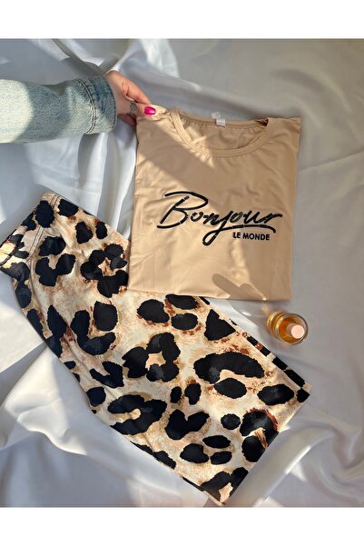 WALJA Kısa Kollu Milan Kumaş Leopar Desenli Pijama Takımı