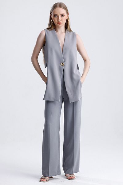 MD trend Women's Single Button Slit Detailed Lined Vest and Palazzo Pants Double Crepe Set