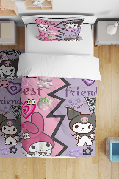 BelezaHome Pink Purple Kuromi Themed Single Baby Kids Bedding Set
