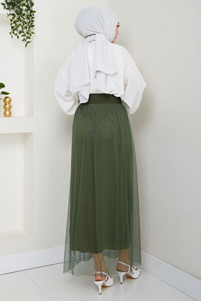 hafsamina Elastic Waist Tulle Skirt Khaki - Hm2704