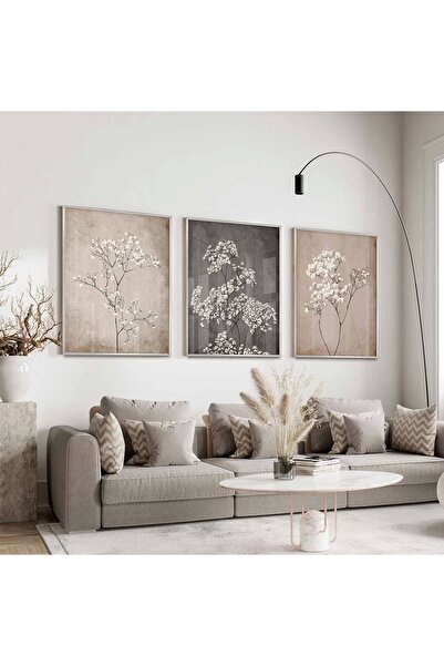 KOLAJTASARIM Monokrom Floral Desenli Gümüş Metal Çerçeveli Cam Tablo