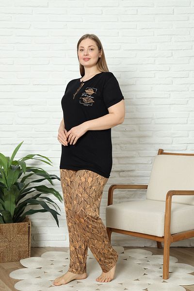 KAPİTEX Bamboo Plus Size Short-Sleeved Six Long Leaf Print Black Color Pajamas Set
