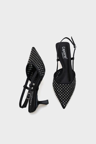Capone Outfitters Olga Satin Stone Damenschuhe mit mittlerem Absatz und spitzer Zehenpartie und offenem Rücken
