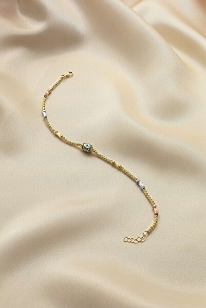 Cenova Jewelry 14 Ayar Altın Turkuaz Göz Nazar Boncuklu Kadın Bileklik