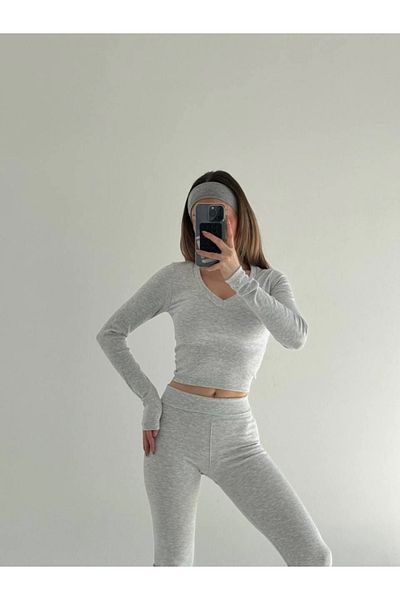 Modayakamoz Γκρι Flared Leggings Διπλό Σετ - Μακρυμάνικη Μπλούζα με V λαιμόκοψη