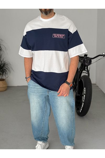 BYBASICMAN Navy Blue Striped Something Embroidered Oversize T-Shirt Jj-100