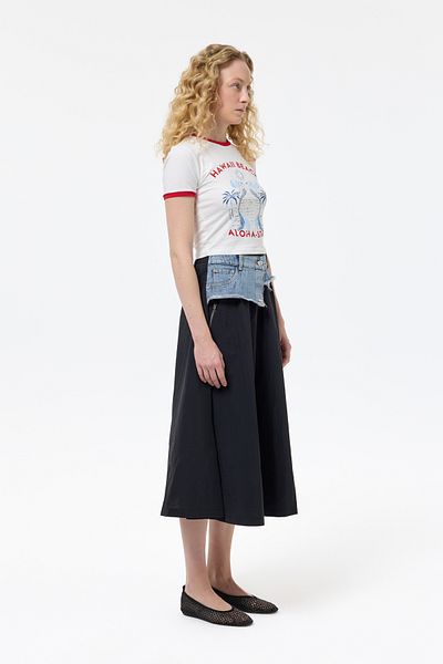 Quzu Black Midi Skirt - Denim Waist, Technical Fabric