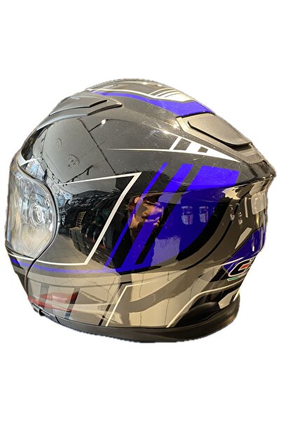 CRN PARLAK SİYAH RENK - MAVİ DETAYLI KASK  ÇENE AÇILIR - TAM KASK VİZÖRLÜ VE İNTERCOM TAKMA YUVALI