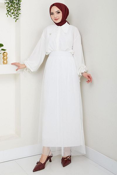 hafsamina Elastic Waist Tulle Skirt White Hm2704