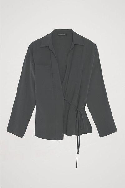 Quzu Anthracite Pocket Detailed Tie up Blouse