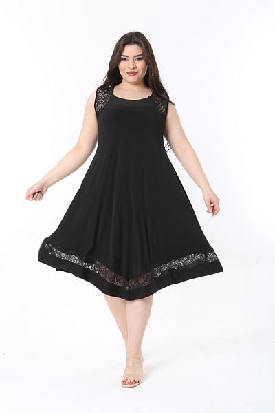 Şans Women's Large Size Black Lace Detailed Lycra Long Sleeveless Dress 65N38860