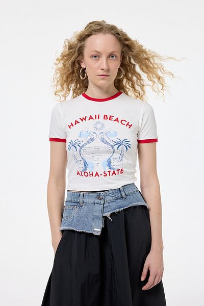 Quzu Ριγέ Τυπωμένο Crop Top Ecru