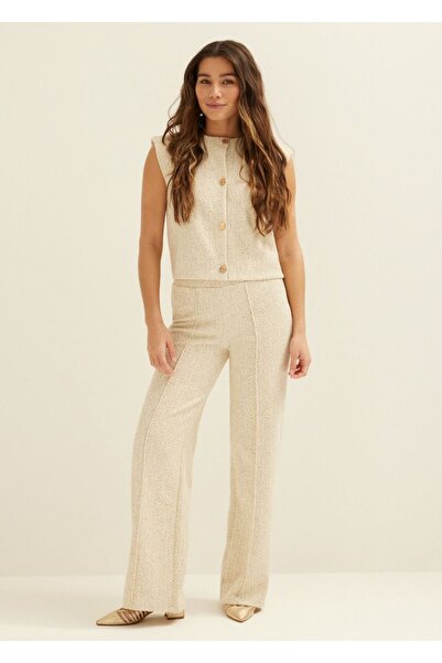 Vera Tekstil Kadın,Ekru, geniş paça beli lastikli simli bukle pantolon