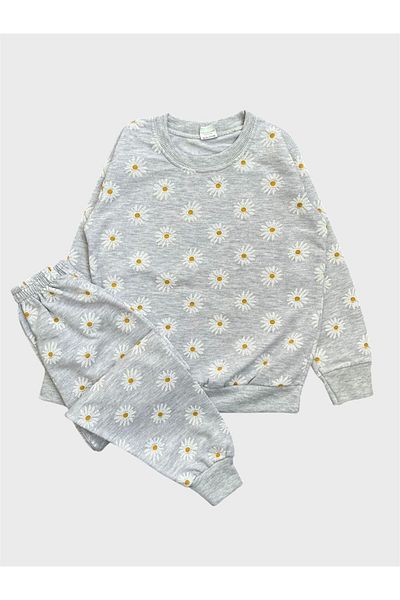 ALİŞ KİDS Girl's Cotton Gray Daisy Flower Patterned Long Sleeve Seasonal Pajama Set