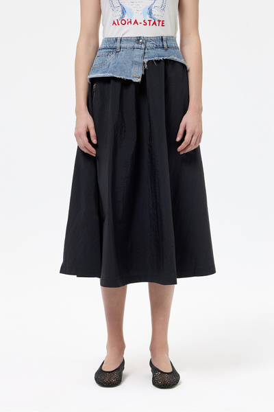 Quzu Denim Bel Detaylı Teknik Kumaş Midi Etek Siyah