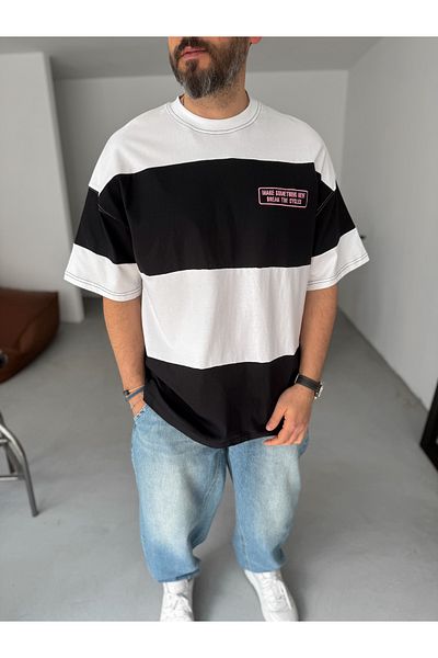 BYBASICMAN White Embroidered Oversize T-Shirt with Black Stripe Jj-100