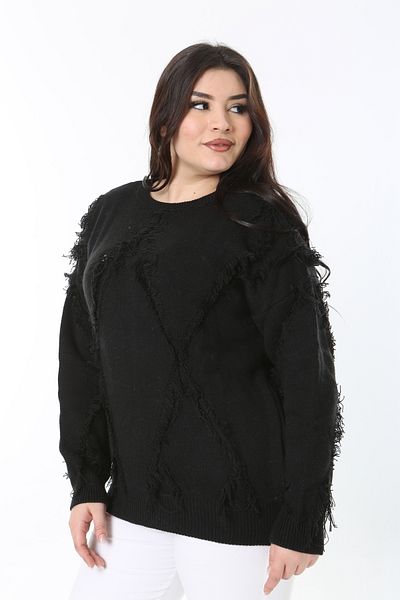 Şans Women's Large Size Black Tassel Detailed Knitwear Sweater 65N38861