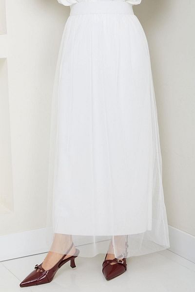 hafsamina Elastic Waist Tulle Skirt White Hm2704