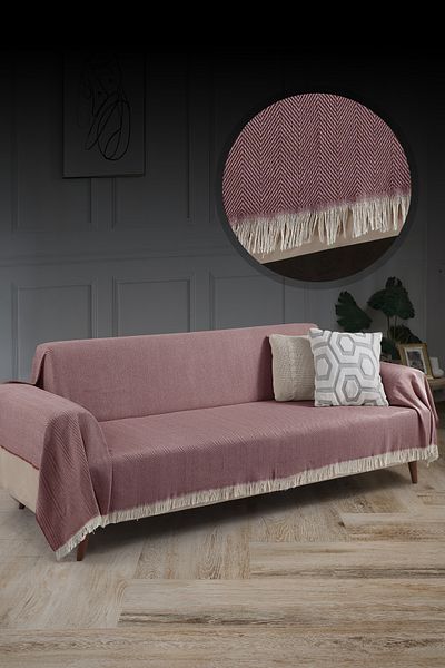 LADYNİL 100% Cotton Fringed Sofa Cover 180X300 cm Claret Red