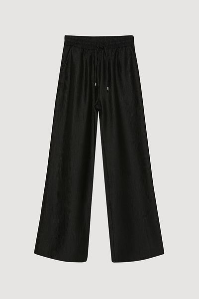 Quzu Elastic Waist Textured Loose Black Trousers