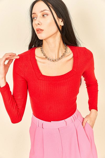 EYYE Red Corded Long Sleeve Square Neck Body