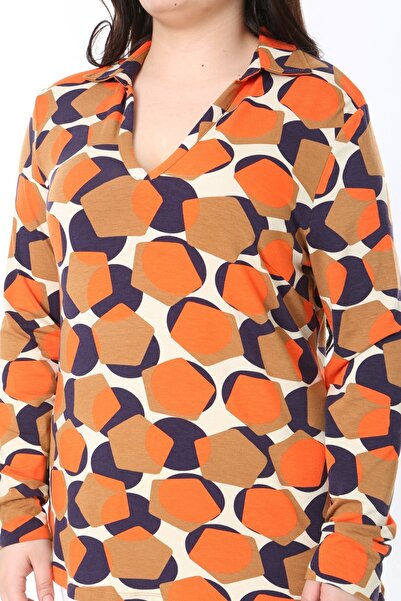 Şans Kadın Büyük Beden Oranj V Yakalı Likralı Uzun Kollu Bluz 65N38875