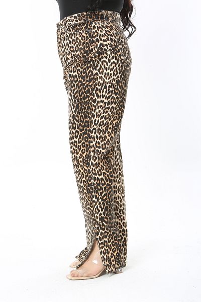 Şans Women's Large Size Leo Leopard Print High Waist Side Slit Pants 65N38885