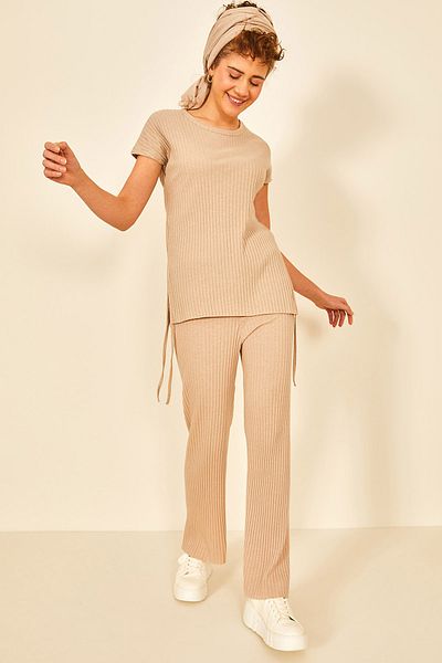 EYYE Stone Color Corded Elevator Short Sleeve Women's Suit