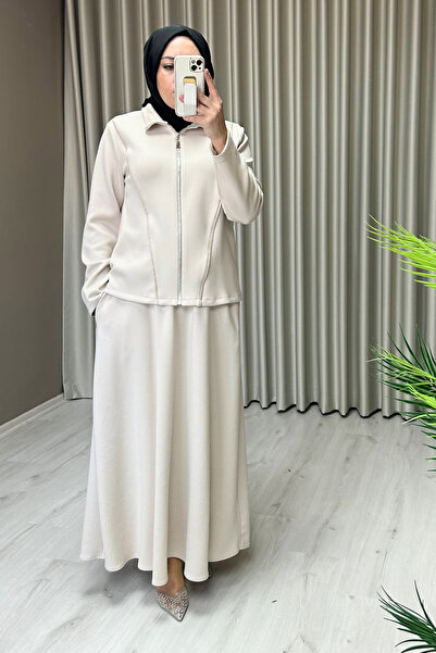 Nihle Rahat Kalıp Fermuarlı Hırkalı Etekli Tesettür İkili Takım