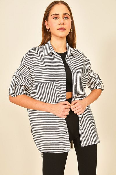 EYYE Cămașă de damă din țesătură Seersucker alb-negru