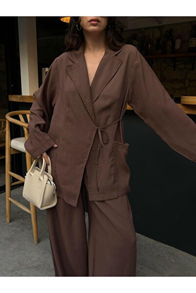 minaaise Kadın Kahve %100 Modal Kumaş Bağlamalı Oversize Ceket 29106