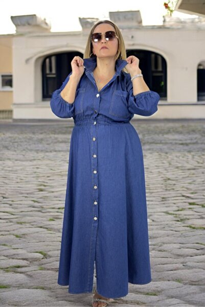 yagmurberen Front Metal Buttons Elastic Waist Elastic Sleeve Shirt Collar Large Size Slim Denim Dress