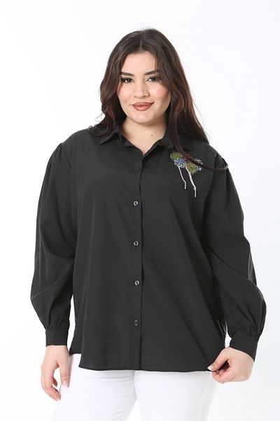 Şans Women's Large Size Black Stone Detailed Blouse 65N38873